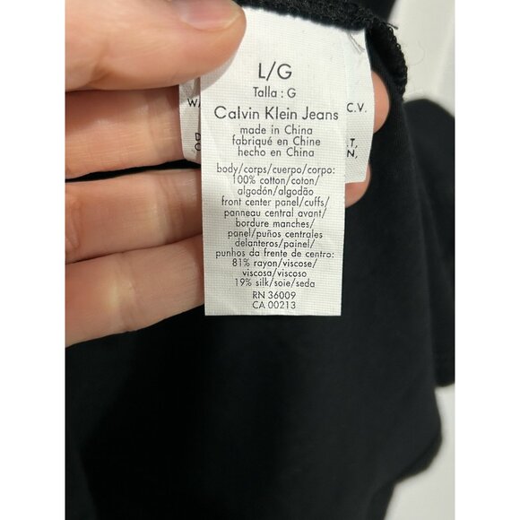 Calvin Klein Jeans Black Draped Velvet Accent Short Sleeved Top Sz Large - Picture 8 of 10